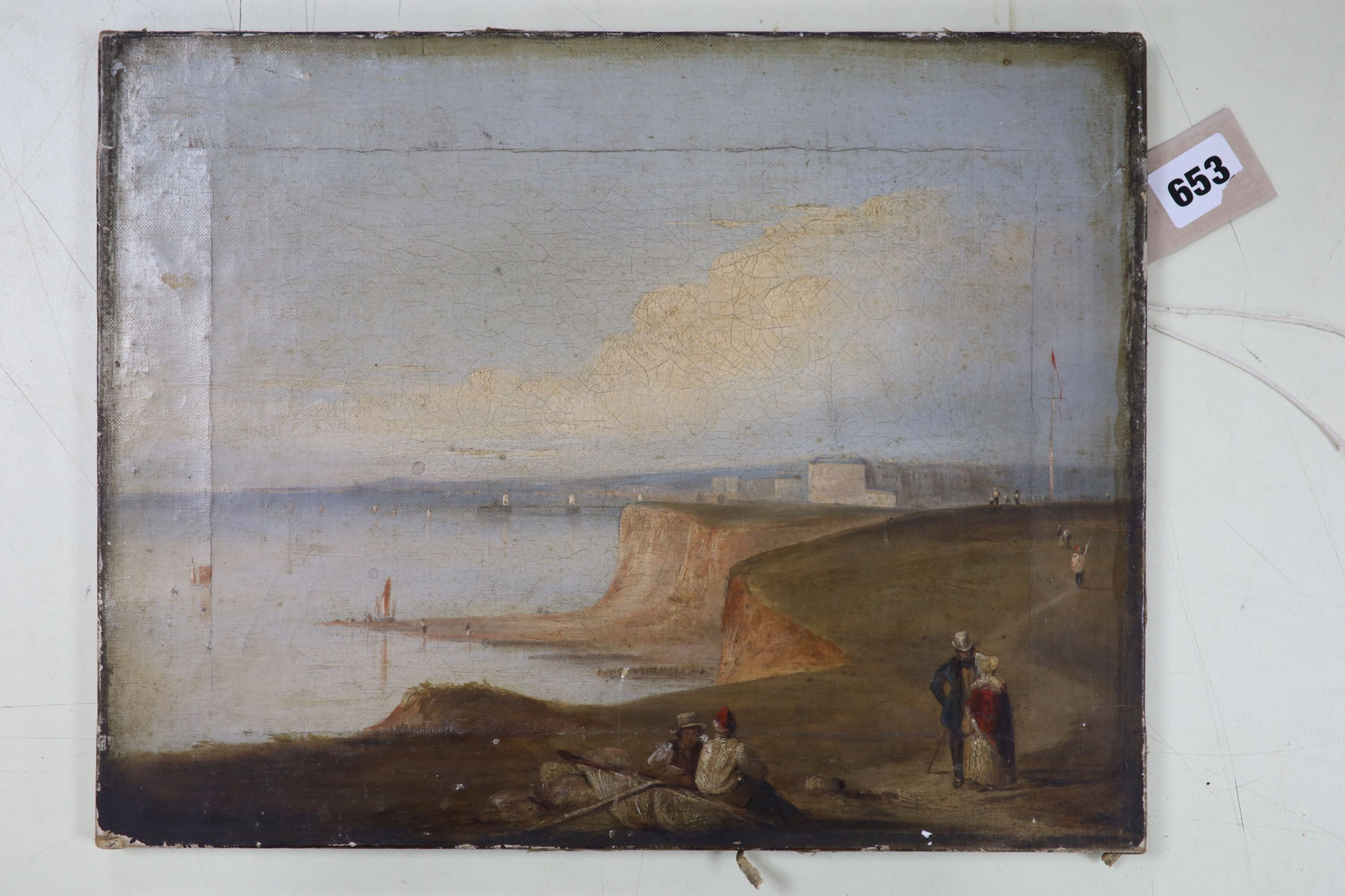 Attributed to William Daniell (1769-1837), oil on canvas, View along the coast towards Brighthelmston, with the Chain Pier, 28 x 36cm. unframed.